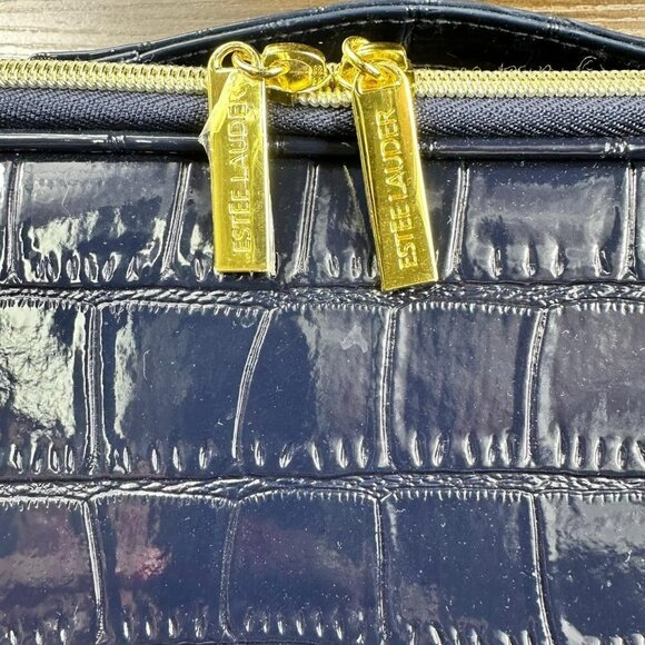 Estee Lauder Navy Blue  Crocodile Leather Cosmetic Travel Makeup‎ Zip Case - Picture 12 of 13